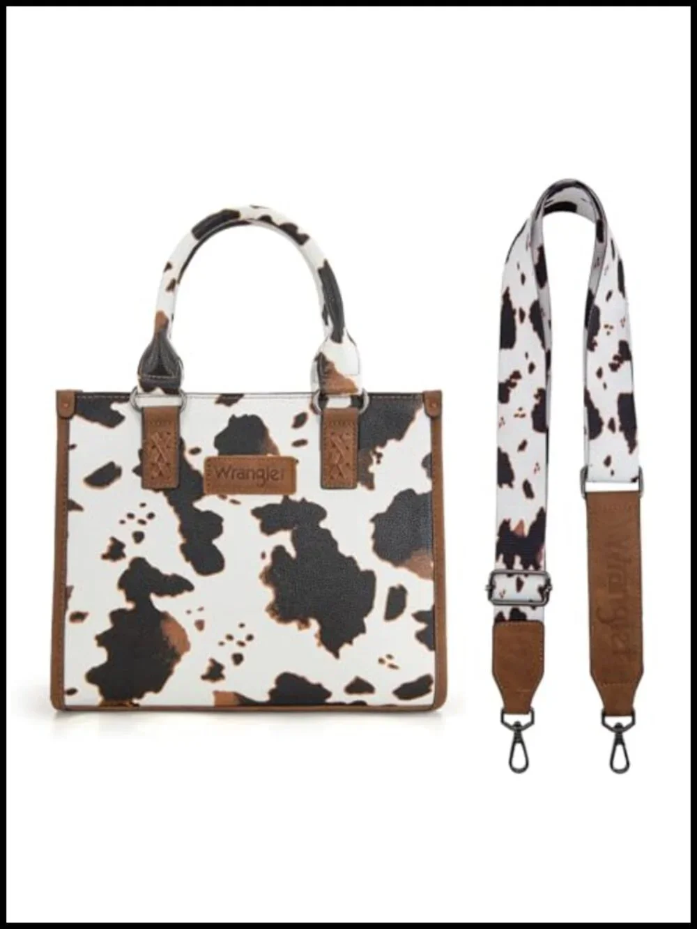 Faux Leather Cow Print Tote Bag with Whipstitch Details